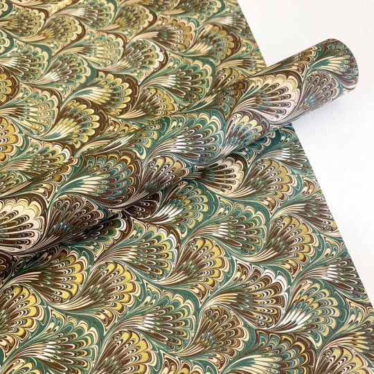 Brown and Green Marbled Feathers Italian Print Paper with Golden Highlights ~ Carta Fiorentina Italy